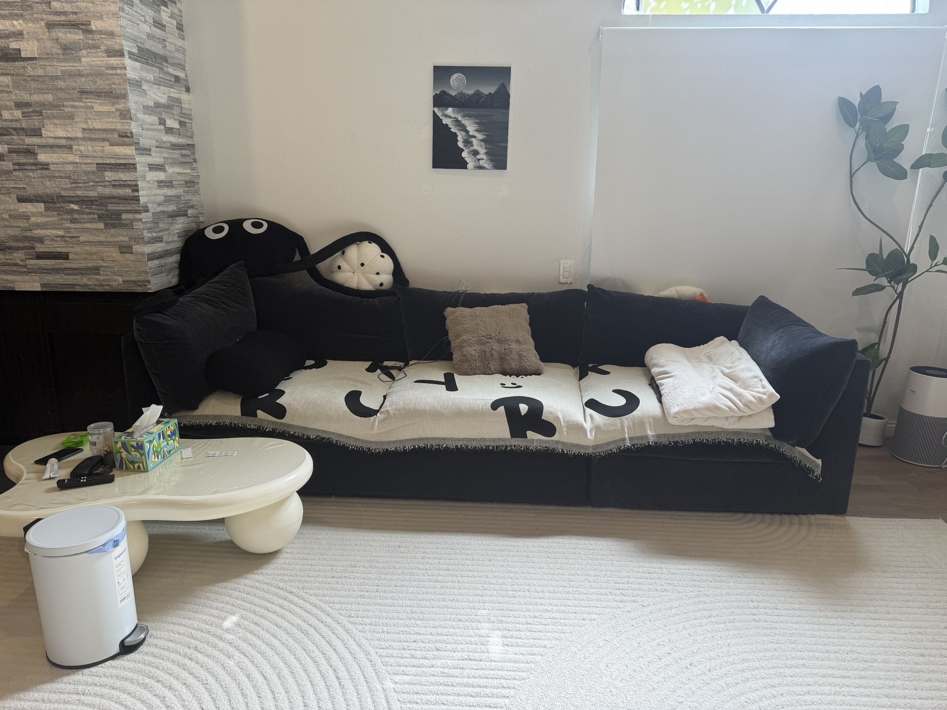 For Sale: Large Custom Sofa Beautiful custom-made sofa from Living Spaces, upholstered in high-quality 100% polyester fabric (color: Smoke). Used for 