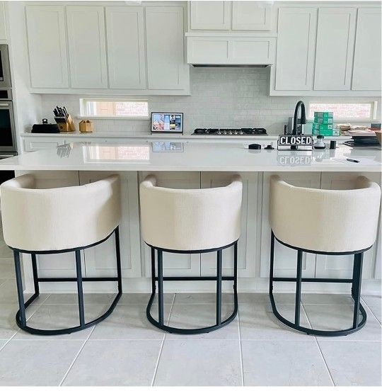 Counter Height Bar Stools Set of 3, Modern Barrel Counter Stools with Backrest and Arms, Black Metal Frames, Linen Fabric Upholstered Accent Barstools