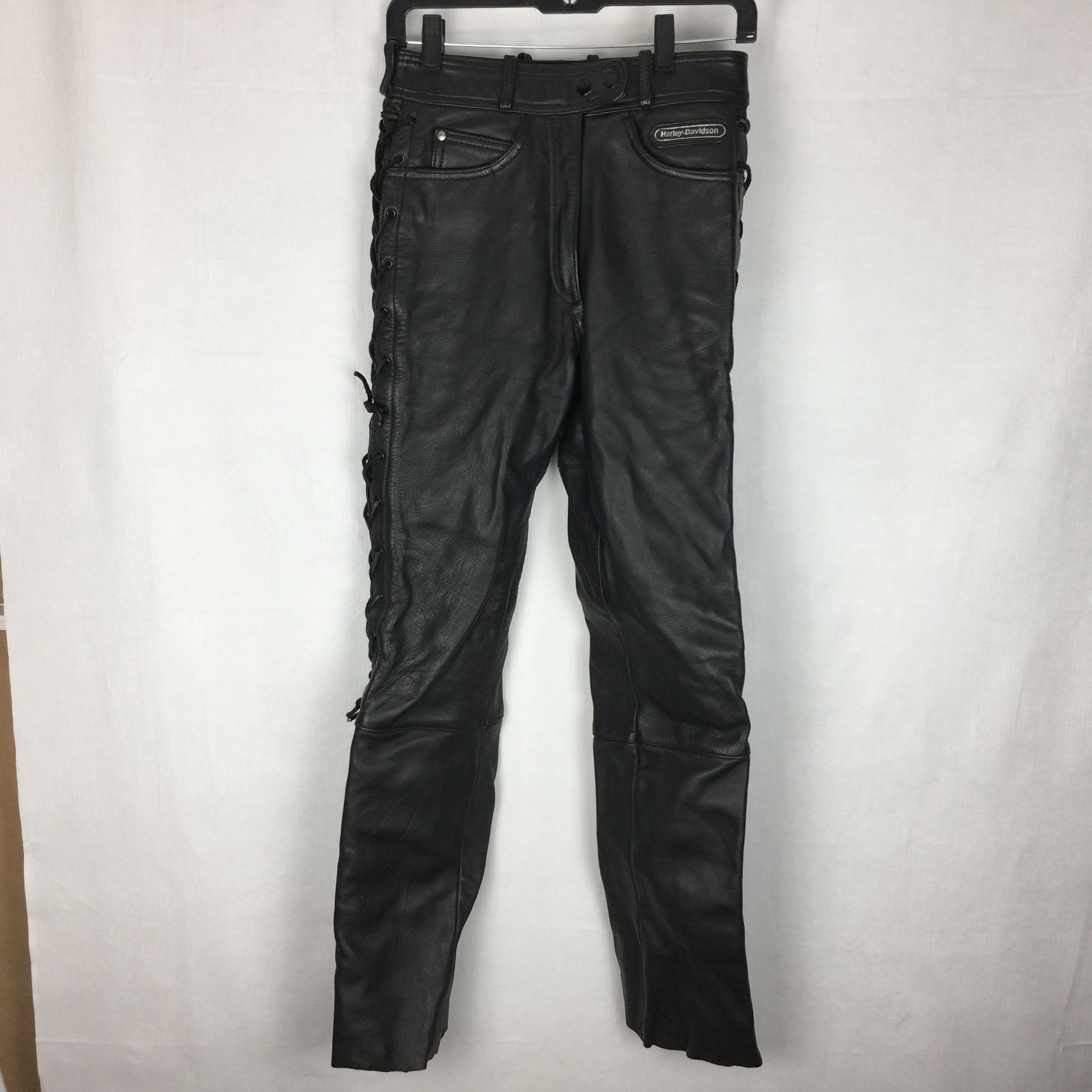 Vtg HARLEY DAVIDSON Black Lace-Up Heavy Leather Riding Pants Womens - Size 10