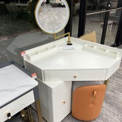 Makeup Vanity with LED Mirror, Wireless Charger and Stool