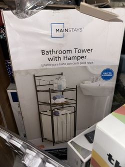 Mainstays 2-Shelf Bathroom Storage Tower with Removable Hamper, Satin Nickel