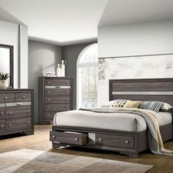 Brand New Grey Contemporary Style Queen Size 6pc Bedroom Set 