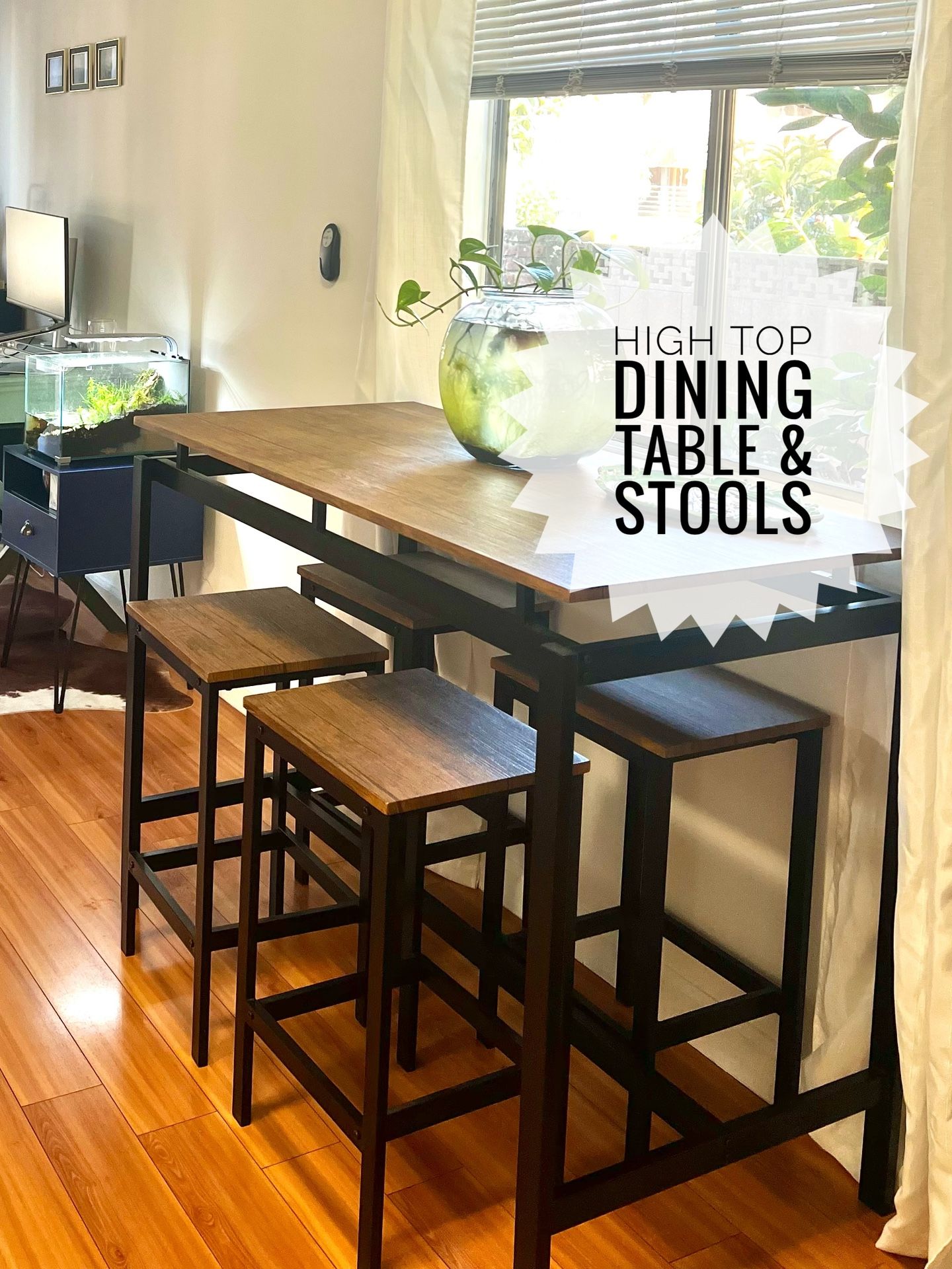 High Top Dining Set - Table with 4 Stools, Black and Brown