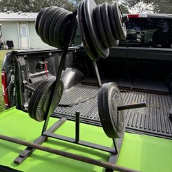Huge Set Of Weights With A-frame Weight Rack And Solid Steel Barbell 