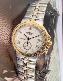 Vintage Raymond Weil Parsifal Men’s Two-Tone Quartz Watch Ref. 2508-WR-G featuring a 37mm case, elegant white dial with tachymeter scale, scratch-resi