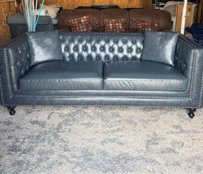 Kingsley Tufted Navy Sofa Original Leather