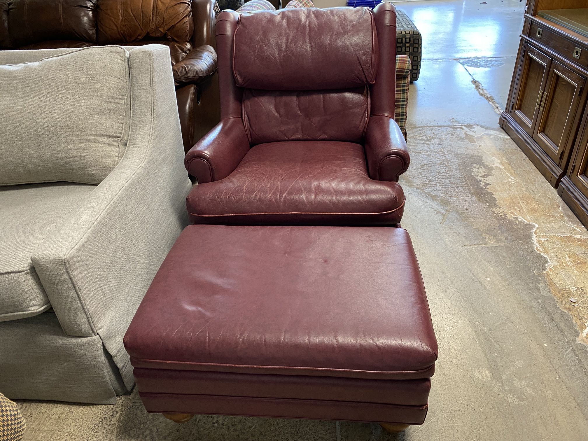 ETHAN ALLEN Red Leather Arm Chair & Ottoman 