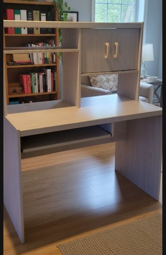 Light Wood Computer Desk with Hutch & Storage - Office Workstation - Excellent Condition