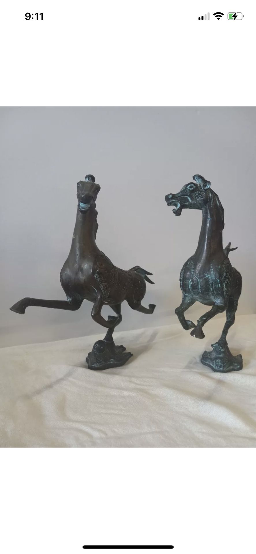Antique Pair Of Chinese Bronze Flying Horses 8.5” Tall (Ma Tiao Feiyan)
