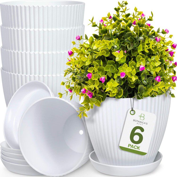 BOTANICA'S BEST 6 inch Plant Pots for Plants - Set of 6 White Modern Indoor and Outdoor Plastic Planter Flower Pot for Office Decor and Patio Garden