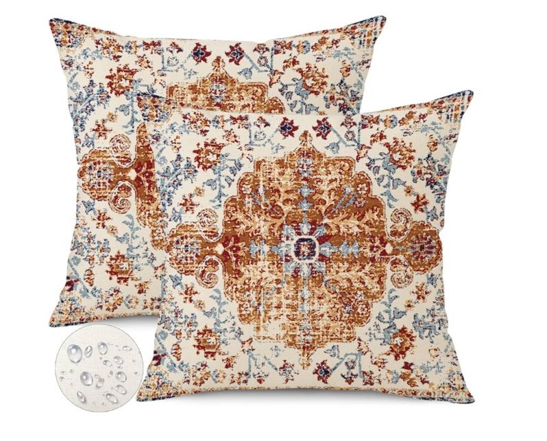 Waterproof 16”X16” Linen Boho Carpet pattern Brown/blue Pillow Covers. Set Of 2. Inserts Not Included.