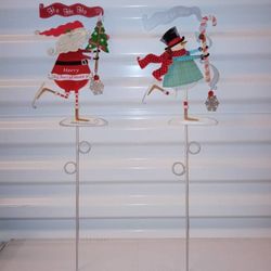 SANTA and SNOWMAN Decorative Christmas Yard Stakes Plant Sticks 19" 