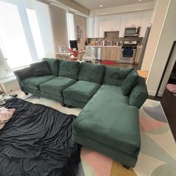 Green velvet couch L-shaped sofa with reversible chaise