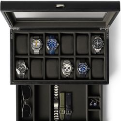 TAWBURY 12 Slot Watch Box with Storage Drawer - Premium Black PU Leather Watch Box for Men | Easy One-hand Opening, Plush Velveteen Interior (Black/Ch