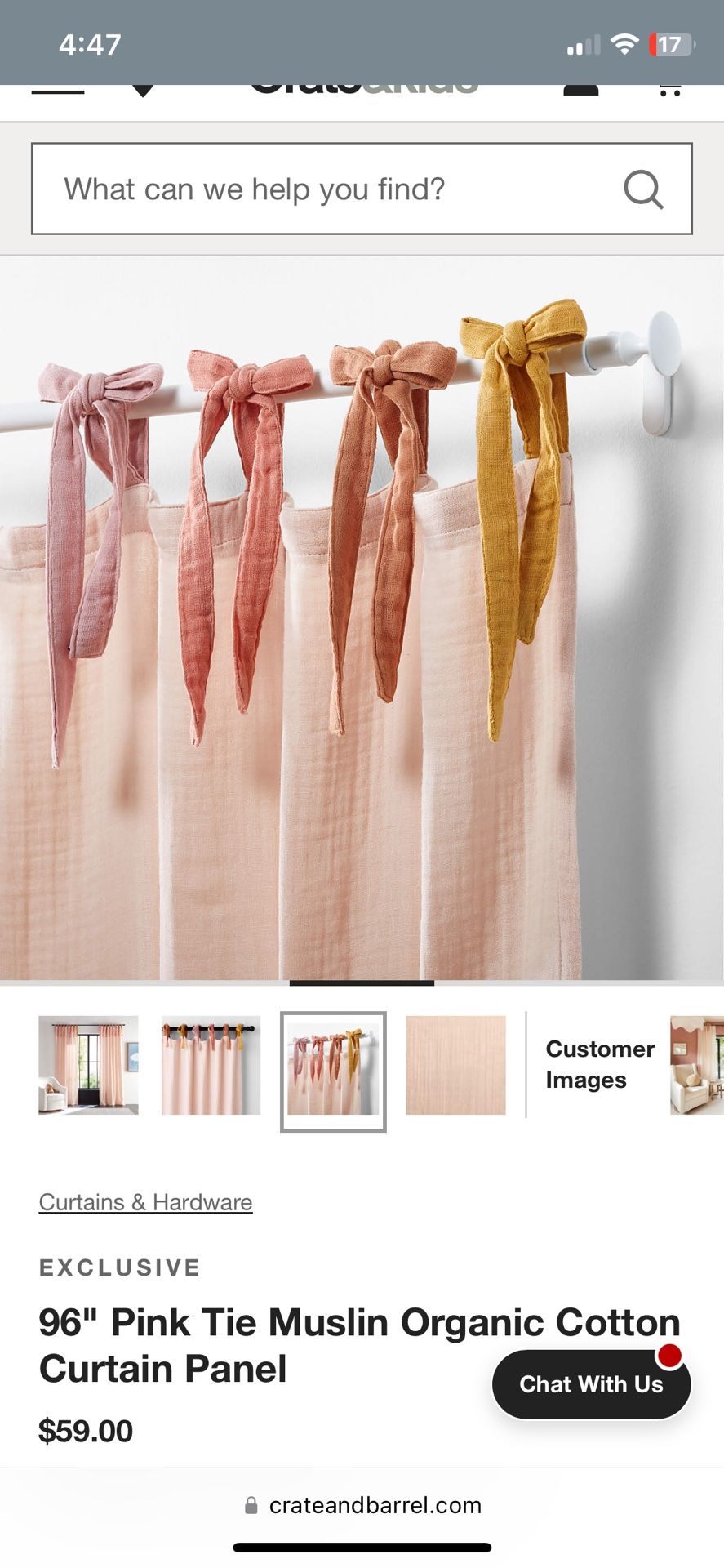 84” pink tie Muslin organic cotton curtains (2 panels) crate and kids
