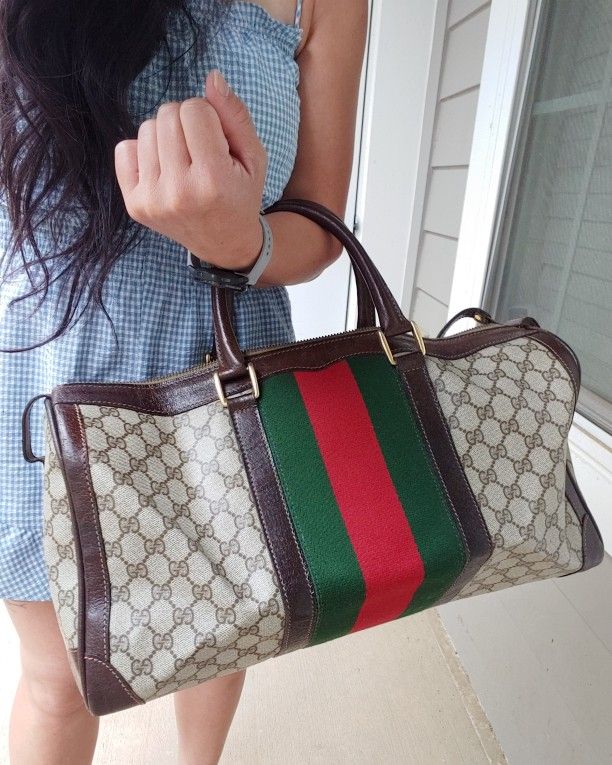 Authentic Vintage Gucci GG Monogram Supreme Sherry Web Ophidia Large Boston Bag