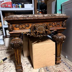 Ornate Traditional Console Table w/ Marble Top – Solid Wood, Elegant Carved Design