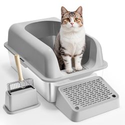 VEVOR Cat Litter Box, 6 inches Deep, XL Extra Large Stainless Steel Cat Litter Box with Scoop, Wide Filtering Foot Board & High Sides, Enclosed Odor-F