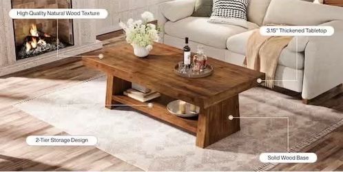 47 in. Brown Rectangle Solid Wood Coffee Table Unique Center Low Cocktail Tea Desk Modern Simple Industrial