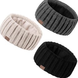 Winter Headbands for Women 3 Pack, Ear Warmers for Women Headband Wool Knit Thick Fleece Lined, Cold Weather Warm Ear Muffs(Black&Beige&Dark Gray