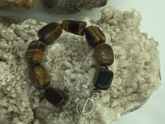 925 STER Silver Tiger’s Eye Chunky Beaded Bracelet 7.5”