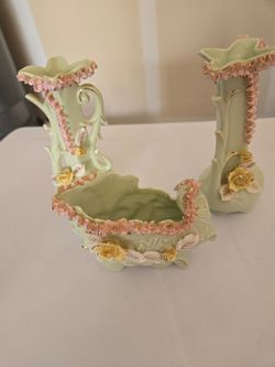 Vintage Porcelain Thames Planter & Vases Green w/Applied Flowers