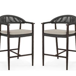 Bar Stools Set of 2, 24.8'' Aluminum Outdoor Bar Stool with Removable Cushion, Boho Rattan BarStools, Olefin Rope Woven Bar Chairs with Footrest for P