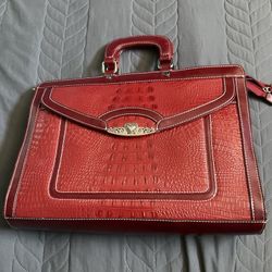 M.C. Marc Chantal Large Leather Briefcase Red Crocodile Embossed Silver Hardware
