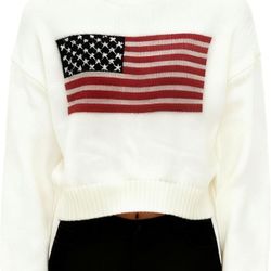 Large size Patriotic American Flag Knit Sweater, White Cotton Blend, Long Sleeve Pullover with USA Flag Design for Women