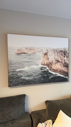 Large Modern Coastal Framed Canvas Wall Art – Ocean Cliff Landscape