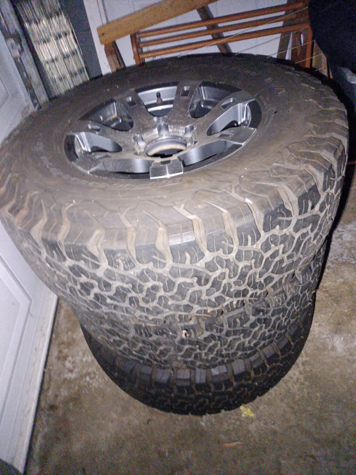 BF Goodrich all terrain k02 265/75R16 load range E on 6 lug 5.5 inch spacing aluminum rims for 4x4 Chevy's, GM, Toyota lug pattern.