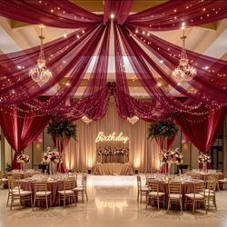 6 Panels Burgundy Ceiling Curtains for Weddings - 5ftx20ft Wrinkle-Free Tulle Fabric Wedding Arch Draping Ceiling Drapes Decorations for Wedding Party