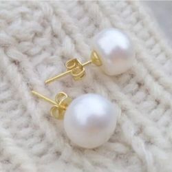 Genuine Natural White Pearl Stud Earrings 14k Yellow Gold 