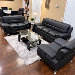 Black Faux Leather Sofa Set – 3 Piece