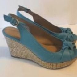 Apt. 9 Ladies Teal Open Toe Twist Knot Sling Back Strap Wedges - 8 Medium EUC