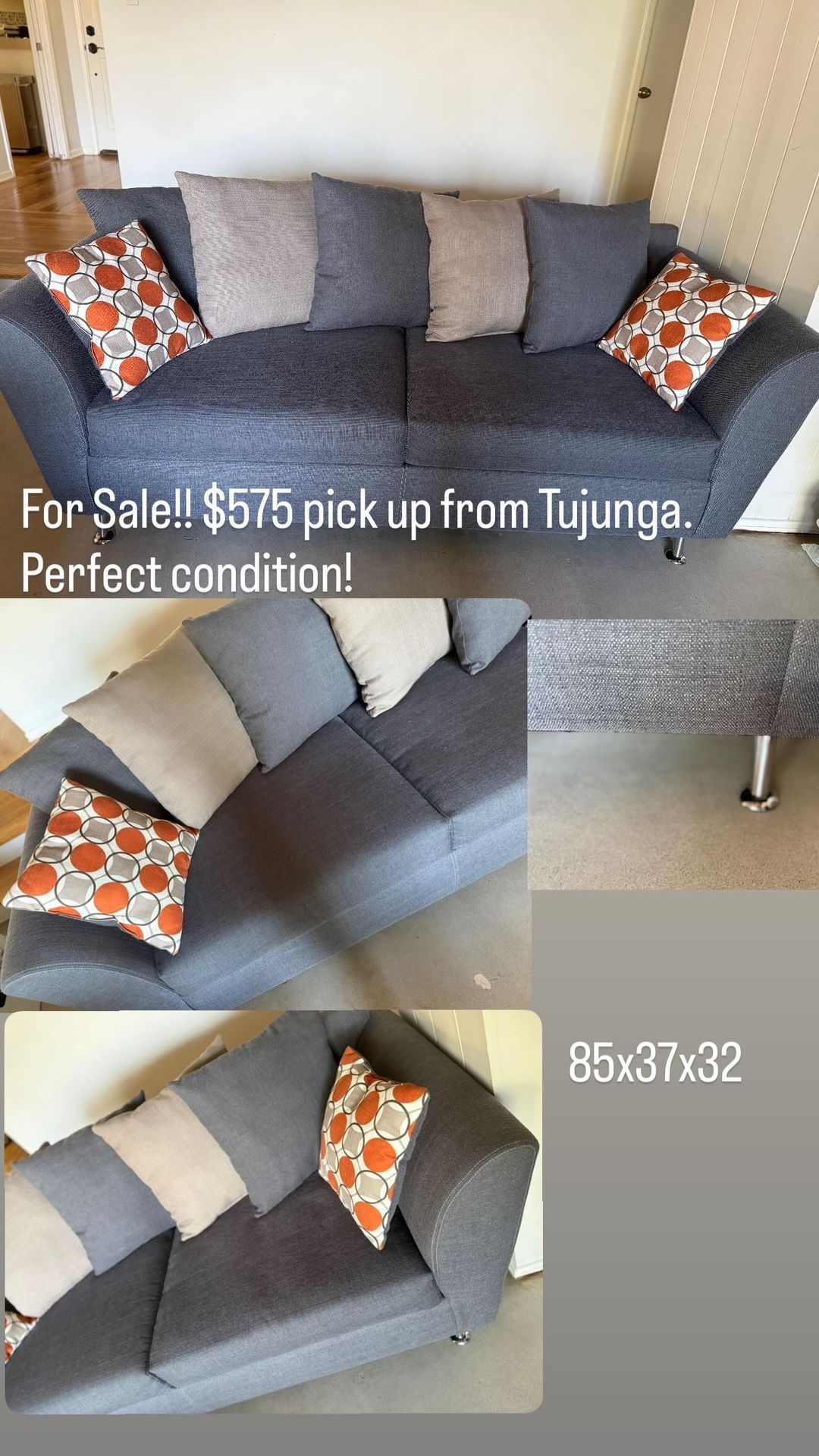 Living Room Grey Couch/Sofa With Pillows