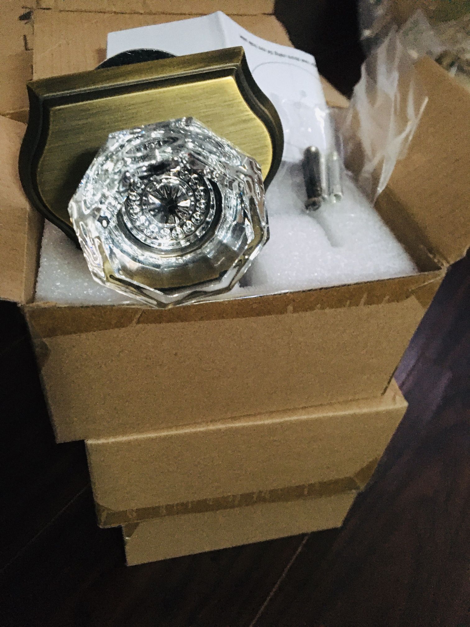 3 Box Octagonal Crystal Dummy Knobs,One Side Dummy Handles Half Dummy Door Levers for Right/Left Handed Doors,Antique Brass