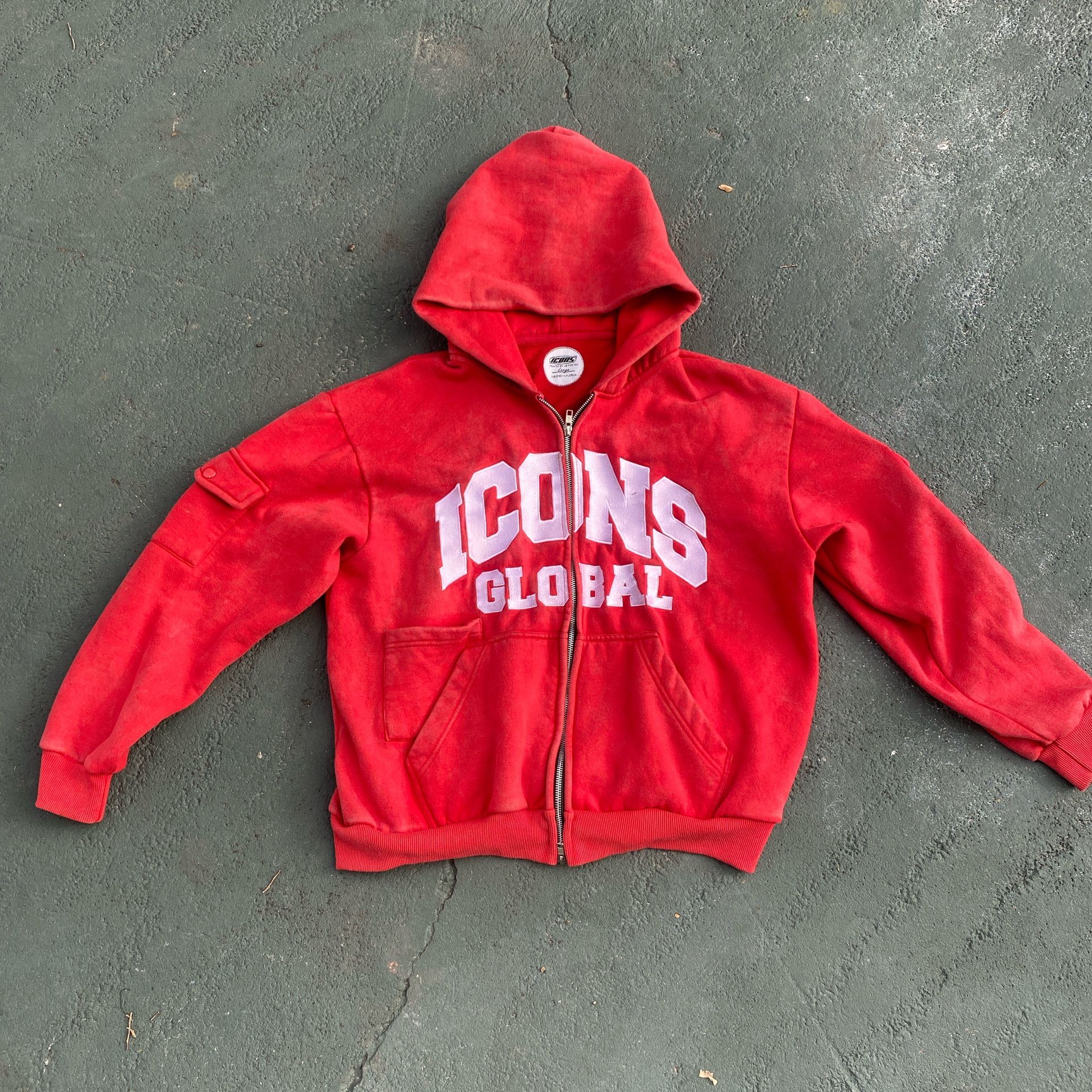 Red and white ICONS Global zip-up hoodie, Large