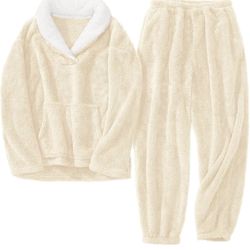 Women's Flannel Pajamas Fleece Oversized Pullover Fuzzy Pajama Sets Cozy Pants Sets Fluffy Loungewear