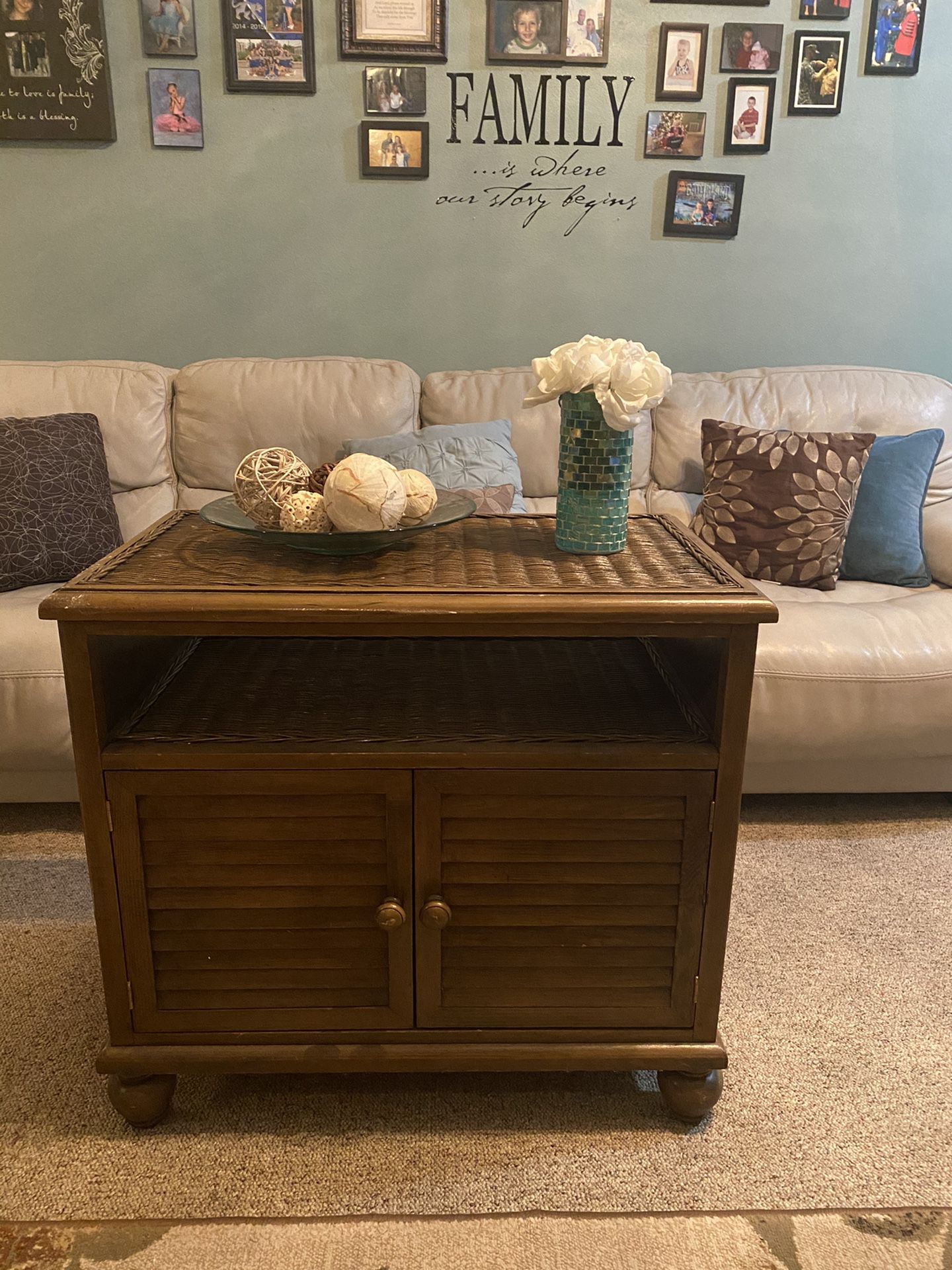 Wood and Wicker Accent Cabinet End Table Night Stand $20