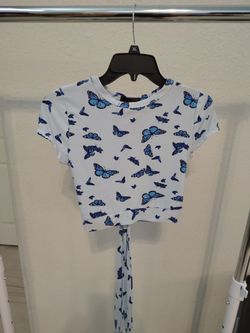 Faded Rose blue cropped top, with butterflies, women's, size M