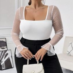 White Mesh Ruffles Sleeve Bodysuit Size 14/1XL