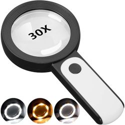 JMH Magnifying Glass with Light, 30X Handheld Large 18LED Cold and Warm Light with 3 Modes, Illuminated Magnifier for Seniors Reading, Inspection, Coi