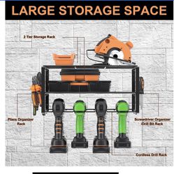 Metal Wall Mounted Power Tool Organizer and Storage Rack, Garage Cordless Tool Shelf Storage