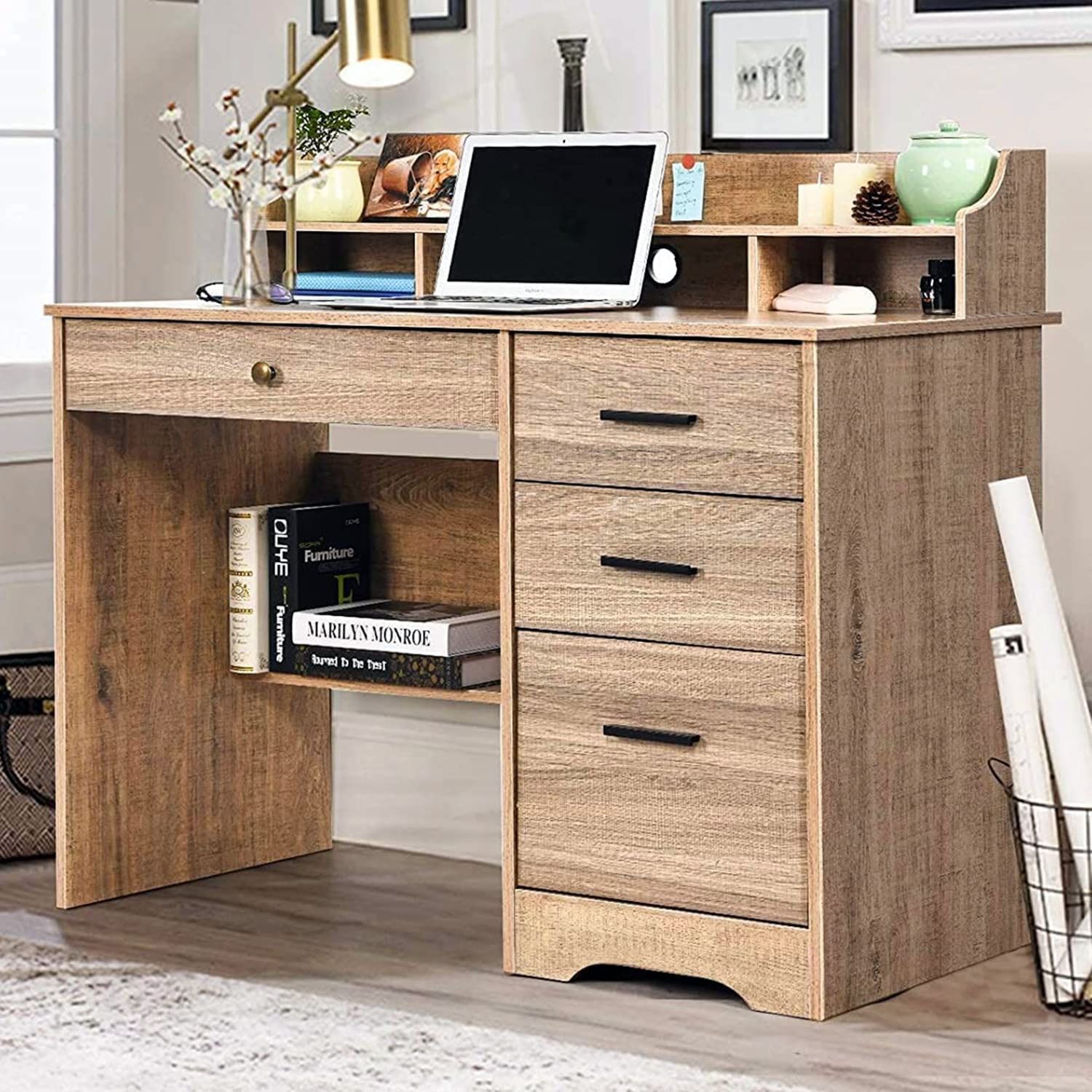 E148 $110 Computer Desk with 4 Drawers and Storage, Small Office Desk with File Drawers and Hutch, Farmhouse Wood Writing Student Table for Home Offi