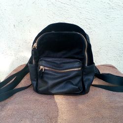 Black Leather And Velvet Mini Backpack Purse