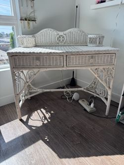 White Wicker Vanity Desk with Drawers