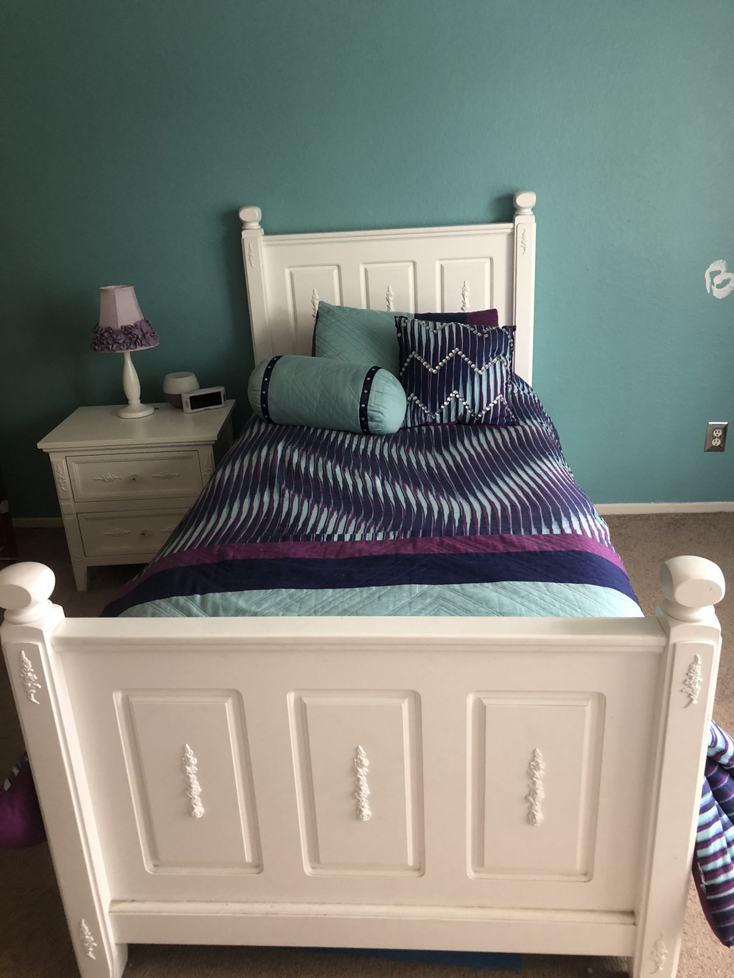 Girl’s Twin White Bedframe and Trundle Bed, Dresser with Mirror, and Nightstand