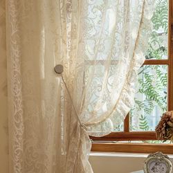 TUDECO Beige Lace Curtains 84 Inches Long - Vintage Ruffle Sheer Curtains For Living Room, Farmhouse Flowy Flower Rod Pocket Fluffy Aesthetic Art Deco