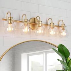 Modern Light Gold Vanity Light 35.5 in. 5-Light Bathroom Room Light with Globe Clear Glass Shades